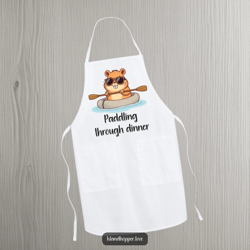 Funny capybara apron with sunglasses and a raft, perfect for a chef who loves to cook with a cool and relaxed vibe.