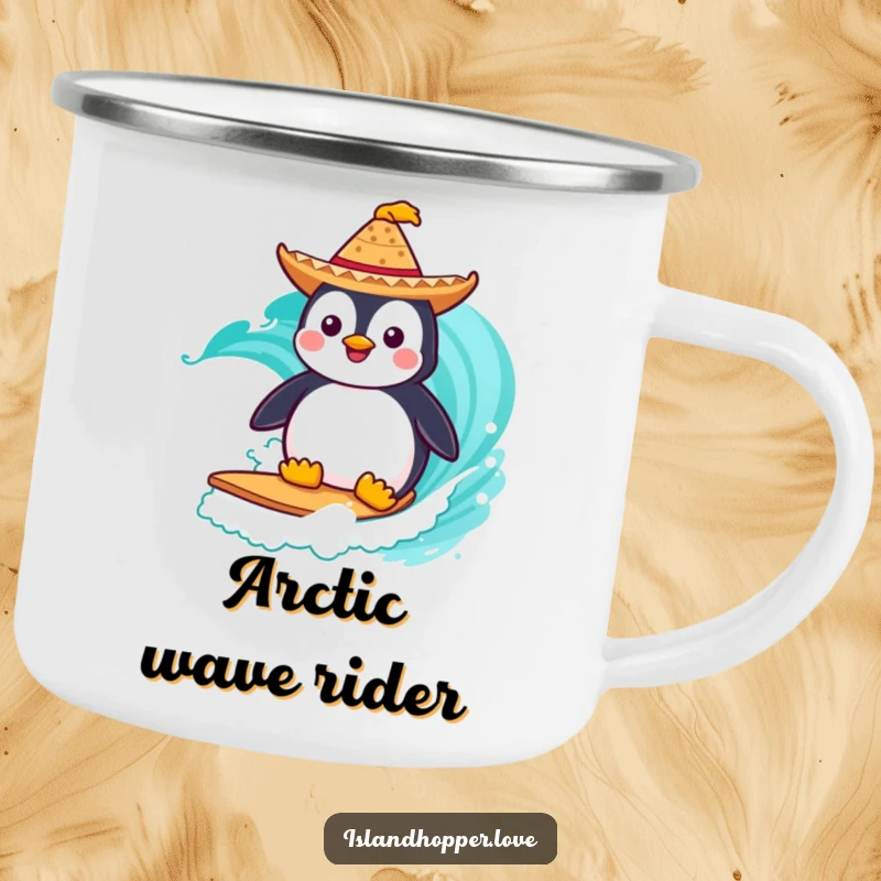 Funny Camping Mug: A penguin in a sombrero surfs a turquoise wave, perfect for enjoying the outdoors with humor.