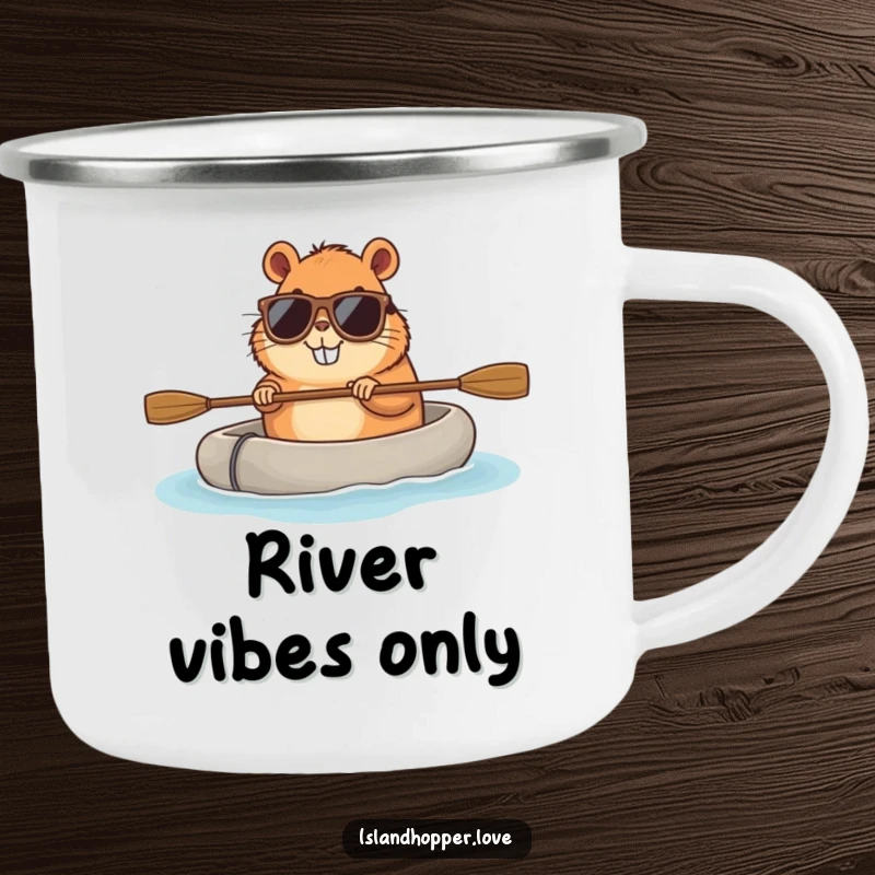 Funny capybara camping mug with sunglasses and a raft, designed for outdoor enthusiasts who enjoy humor and relaxation.