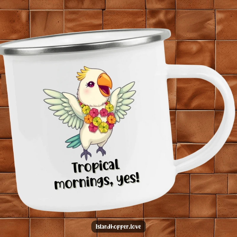 Funny giddy parrot in a colorful lei flapping wings gleefully on a camping mug, perfect for tropical outdoor enthusiasts.