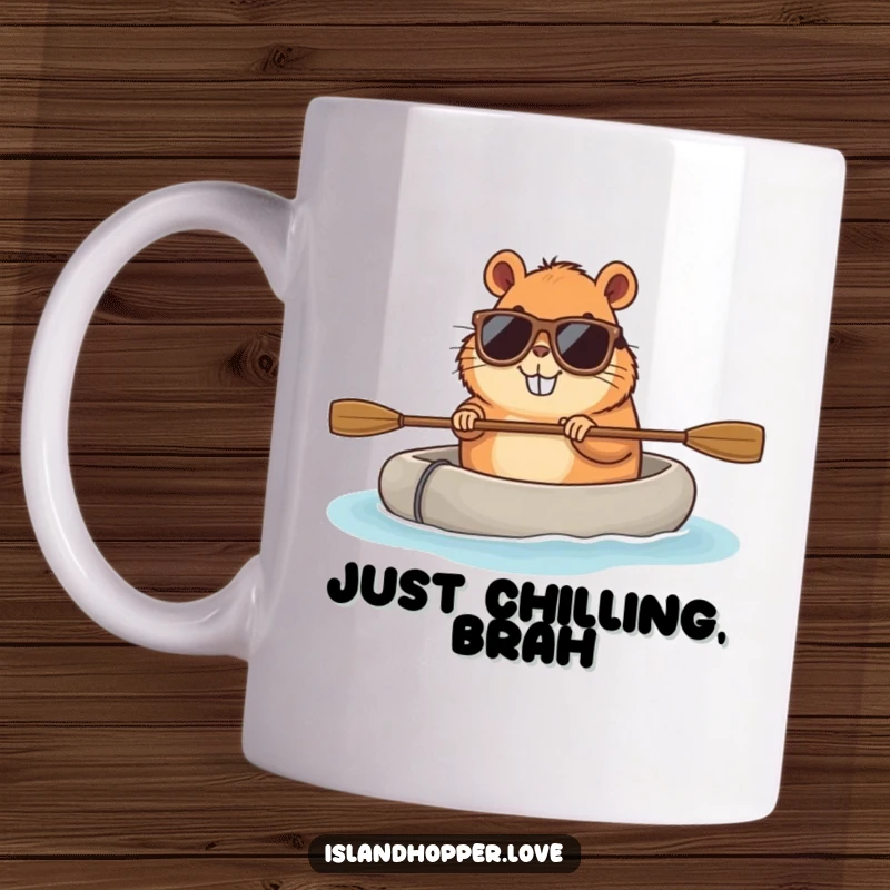 Funny capybara mug with sunglasses paddling a raft, looking incredibly relaxed, perfect for a chill coffee or tea break.