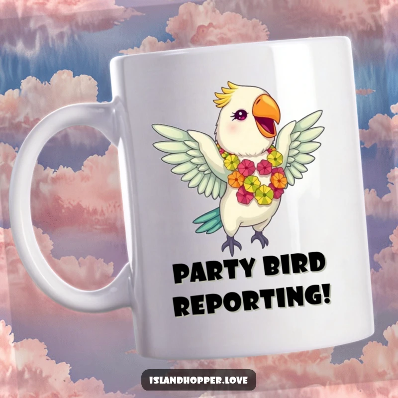 Funny giddy parrot wearing a colorful lei, flapping its wings gleefully, perfect for a cheerful morning coffee.