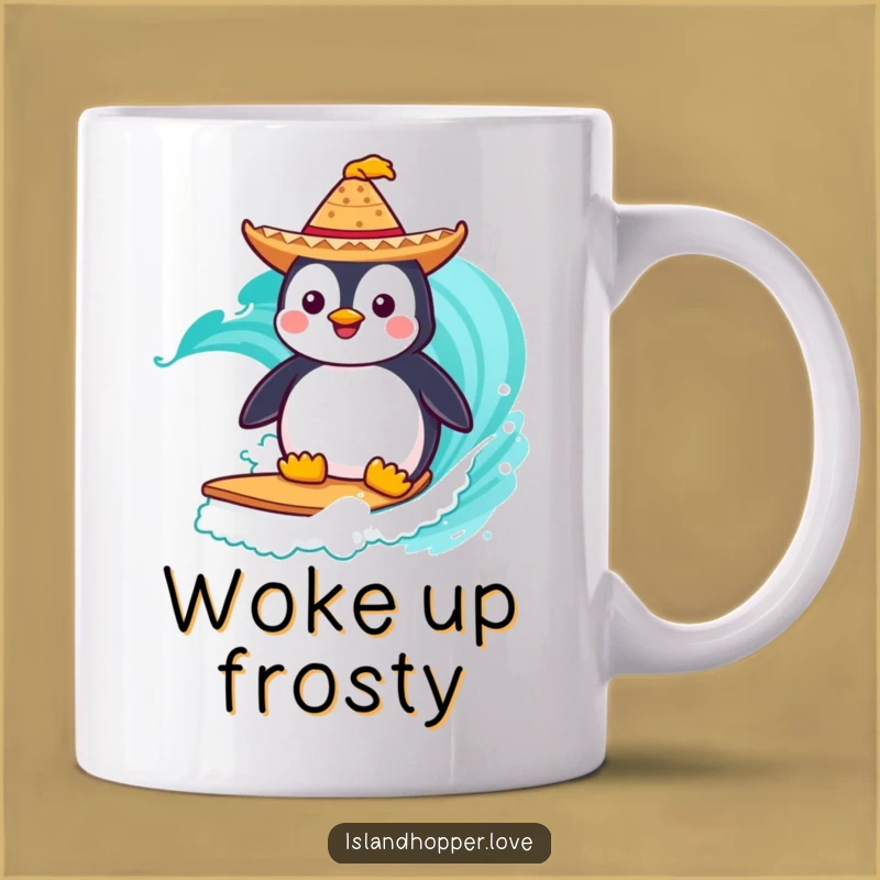 Funny Surfing Penguin Mug: Fiesta Vibes and Ocean Humor for Penguin Lovers