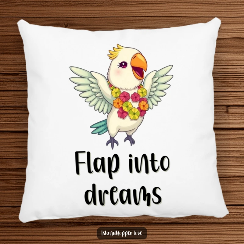 Funny giddy parrot in a colorful lei flapping wings gleefully on a pillow, offering tropical comfort and cheerful decor.