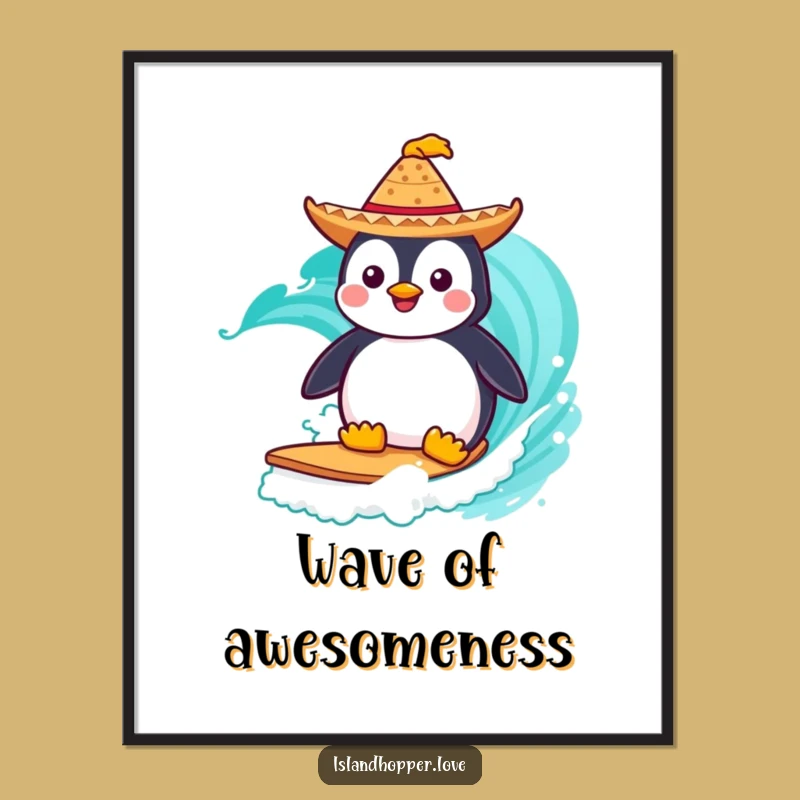 Funny Penguin Poster: Surfing Fiesta Art for Tropical Wall Decor