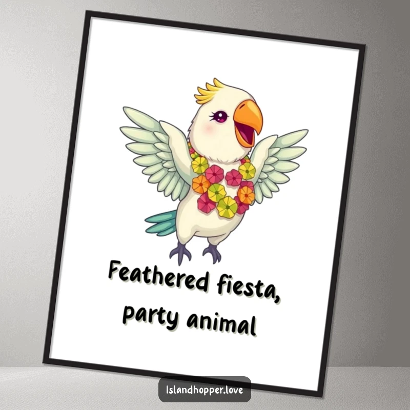 Funny Free Printable Wall Art: Giddy parrot in a colourful lei flaps wings gleefully, bringing festive, downloadable tropical art.
