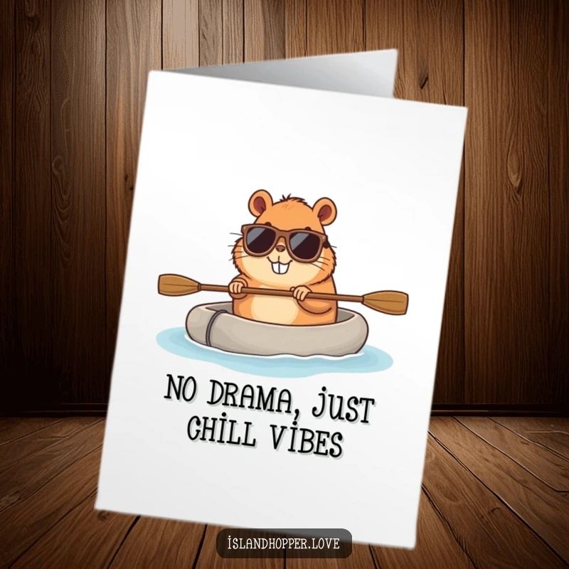 Funny Free Printable Birthday Card: Smiling capybara in sunglasses paddles a raft, radiating cool birthday vibes for easy DIY.