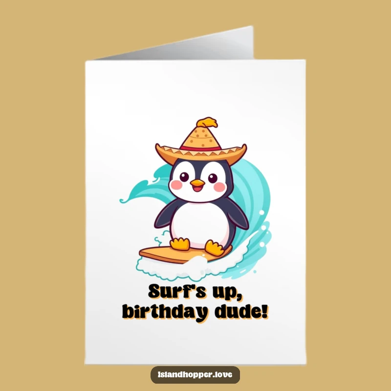 Free Printable Birthday Card: Surfing Penguin, Funny Sombrero Gift Downloadable