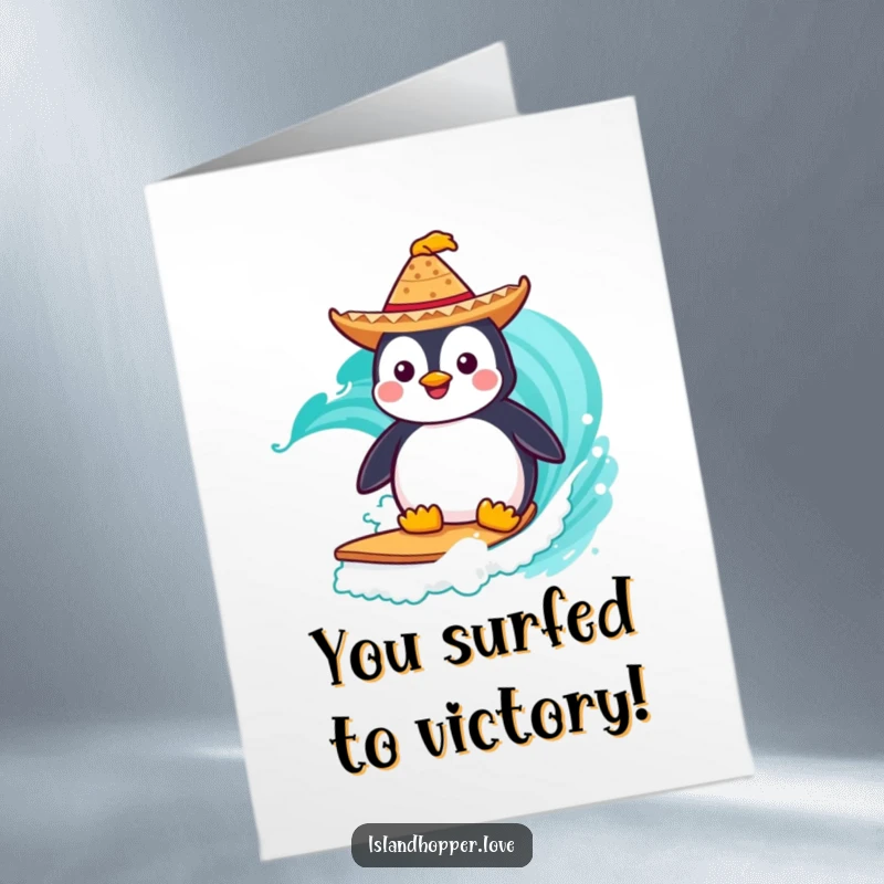 Funny Free Printable Congratulations Card: Happy penguin wearing a small sombrero surfs a wave.