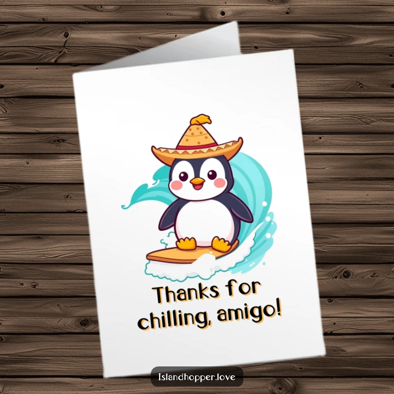 Funny Free Printable Thank You Card: A happy penguin in a sombrero successfully surfing a wave.