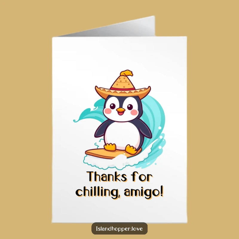 Free Printable Thank You Card: Surfing Penguin, Funny Sombrero Downloadable Gift