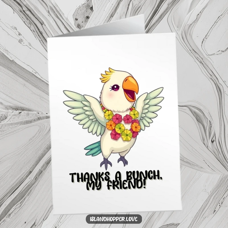 Funny Free Printable Thank You Card: Giddy parrot in a colourful lei flaps wings gleefully, conveying cheerful, downloadable gratitude art.
