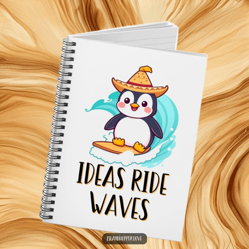 Funny Notebook: A penguin in a sombrero surfs a turquoise wave, perfect for journaling your adventures and ideas.