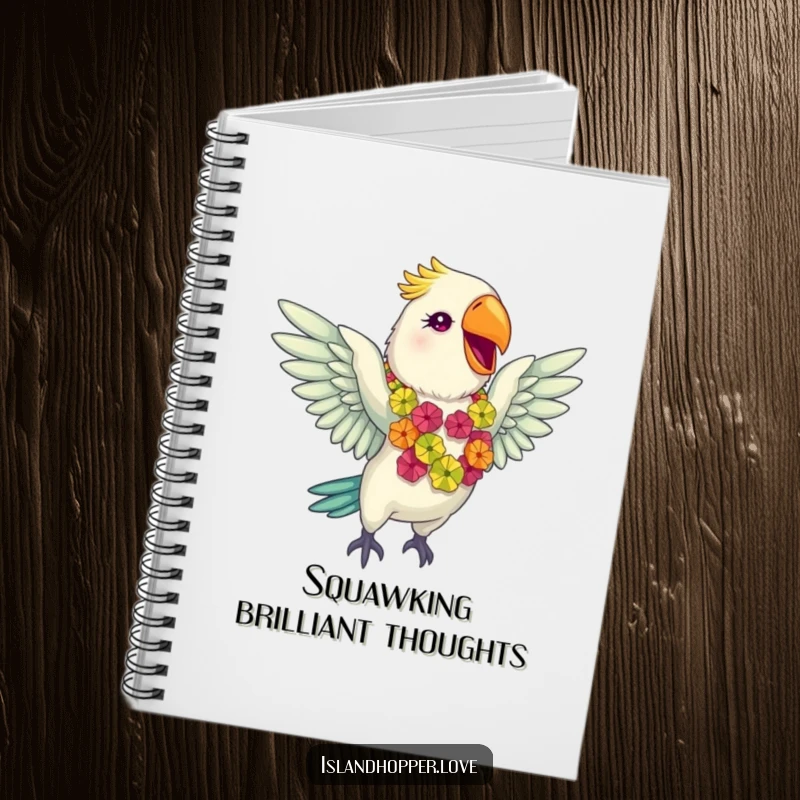 Funny giddy parrot in a colorful lei flapping wings gleefully on a notebook, ideal for jotting down tropical thoughts.