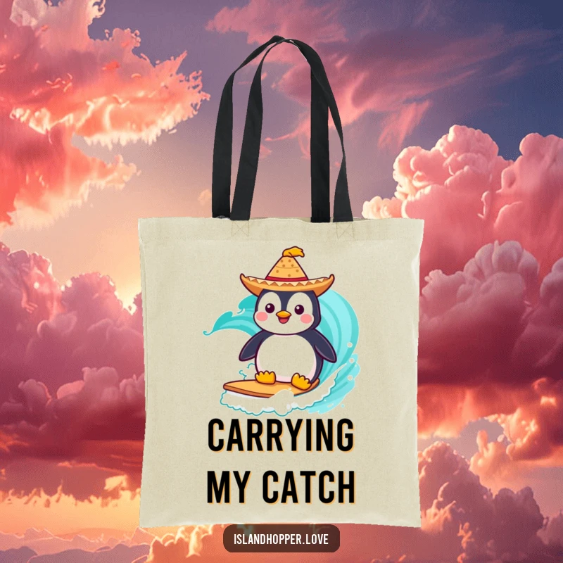 Funny Tote Bag: A penguin in a sombrero surfs a turquoise wave, perfect for carrying beach essentials with personality.