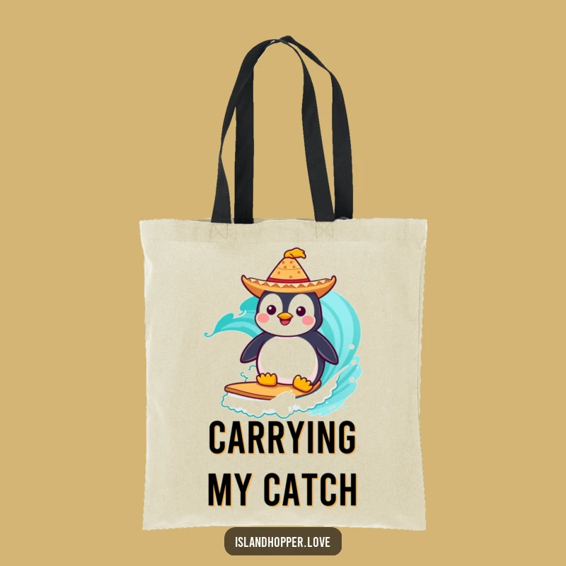Funny Penguin Tote Bag: Carry Your Beach Vibes with This Surfing Bird