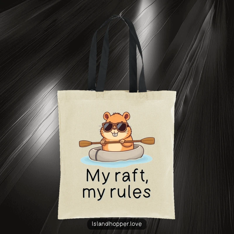 Funny capybara tote bag with sunglasses and a raft, highlighting a fun and functional accessory for daily use.